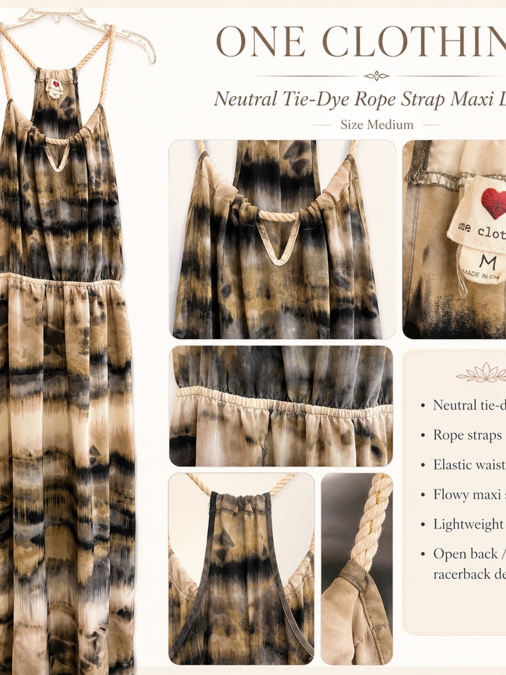 one clothing Neutral Tie-Dye Rope Strap Maxi Dress